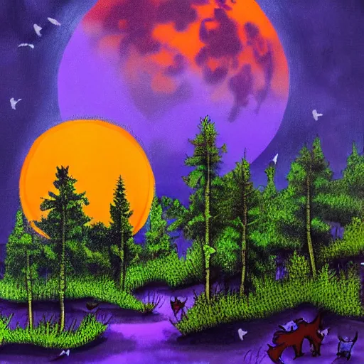 Prompt: wolves floating above a forest in the purple sky beneath an orange moon, cartoon painting