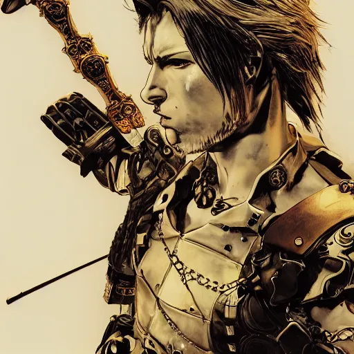 Image similar to portrait of a hero holding his sword in front of his face by yoji shinkawa, high quality, extra details, realism, ornate, colored, golden chain, blood, white skin, short hair, brown eyes, vivid, sunlight, dynamic, american man, freedom