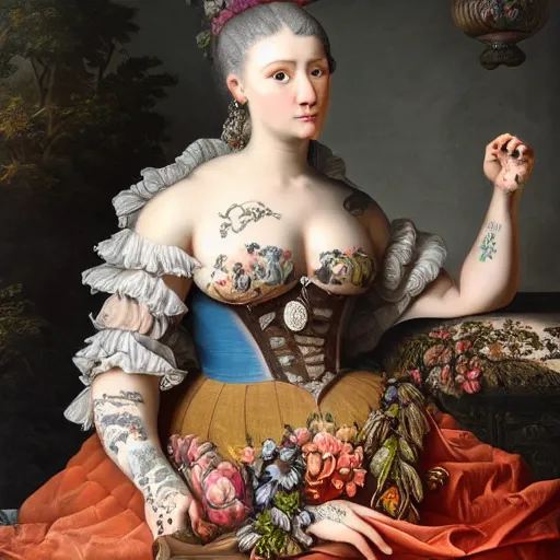 Image similar to ultra detailed, 4 k portrait of a tattooed woman in baroque dress, fully dressed by rachel ruysch