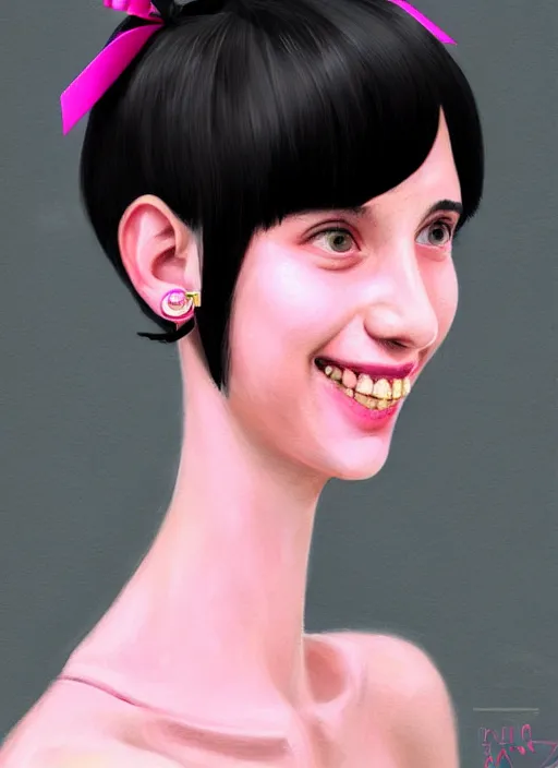 Image similar to portrait of high school girl, realistic, black hair, bangs, half updo hairstyle, pointy nose, skinny, smile, ugly, defined jawline, big chin, pink hair bow, earrings, intricate, elegant, glowing lights, highly detailed, digital painting, artstation, sharp focus, illustration, art by wlop, mars ravelo and greg rutkowski