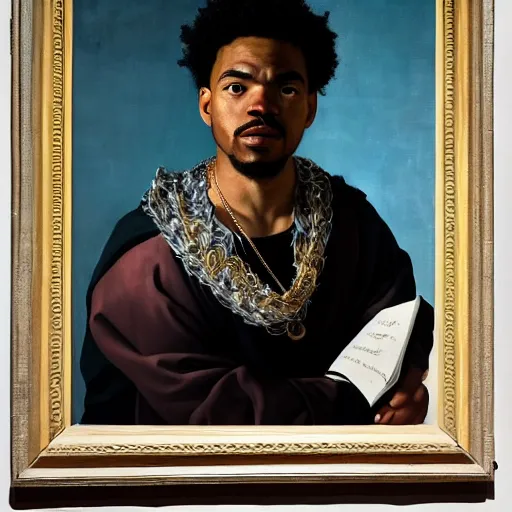 Image similar to a portrait painting of Chance The Rapper as a Poetic Philosopher in the style of Caravaggio, 1599, realistic, detailed