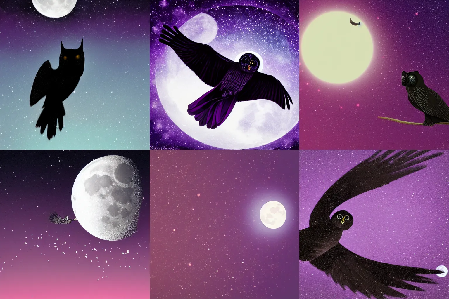 Prompt: A sillouhete of a black owl flying in front of the moon, dark purple sky with stars in background, HD, trending on Artstation