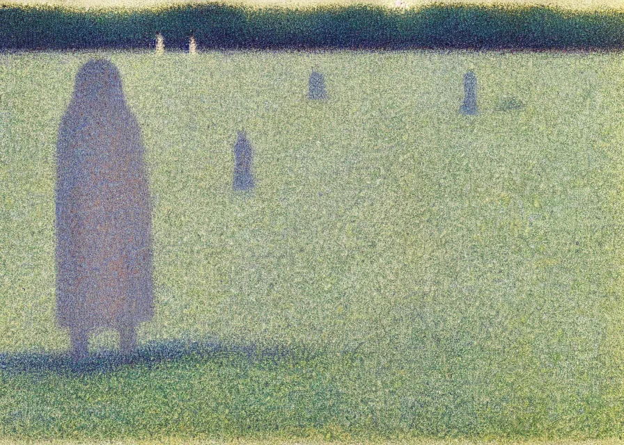 Prompt: white sheet ghost standing in an empty field, by georges seurat