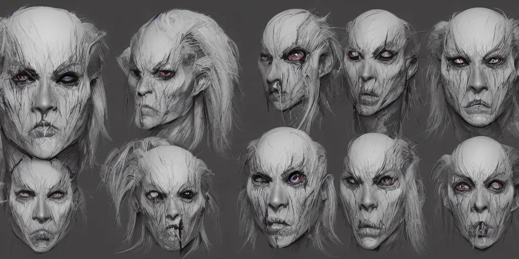 Image similar to gothic creature character face detail designs, Kim Jung Gi, Greg Rutkowski, character sheet, Darek Zabrocki, Karlkka, Jayison Devadas, Phuoc Quan, trending on Artstation, 8K, ultra wide angle, pincushion lens effect