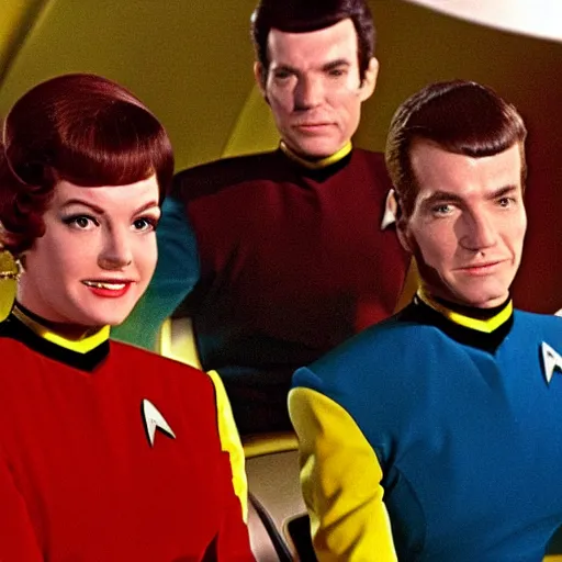 Image similar to the band queen sitting on the bridge of the enterprise in star trek, film still, 1 9 6 0 s, very colorful
