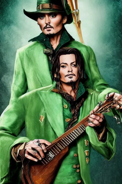 Image similar to Breathtaking comic book style of Johny Depp portrayed as a Dungeons and Dragons bard, playing the lute and wearing a pale green jacket in the style of Ralph Dorsey