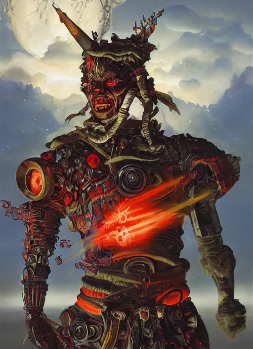 Prompt: portrait of a diabolical cyborg clown samurai armed with flamethrougher, torn cape, dynamic pose, glowing eyes, ancient ruins, glowing veins subsurface scattering, in clouds, sunset, portrait, by gerald brom, by mikhail vrubel, by peter elson, muted colors, extreme detail, reflections, trending on artstation, 8 k