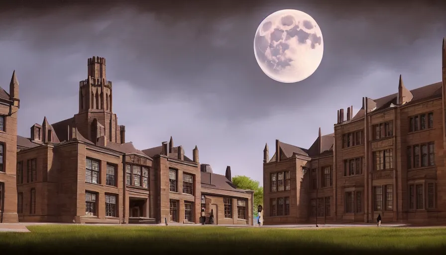 Prompt: princeton university buildings, hyperrealistic, highly detailed, cinematic, single ray of moon, beautiful, cgssociety, artstation, 8 k, oil painting