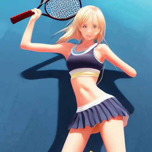 Image similar to a very beautiful young anime tennis girl, full body, long wavy blond hair, sky blue eyes, full round face,, bikini, miniskirt, front shot, highly detailed, cinematic wallpaper by stanley artgerm lau