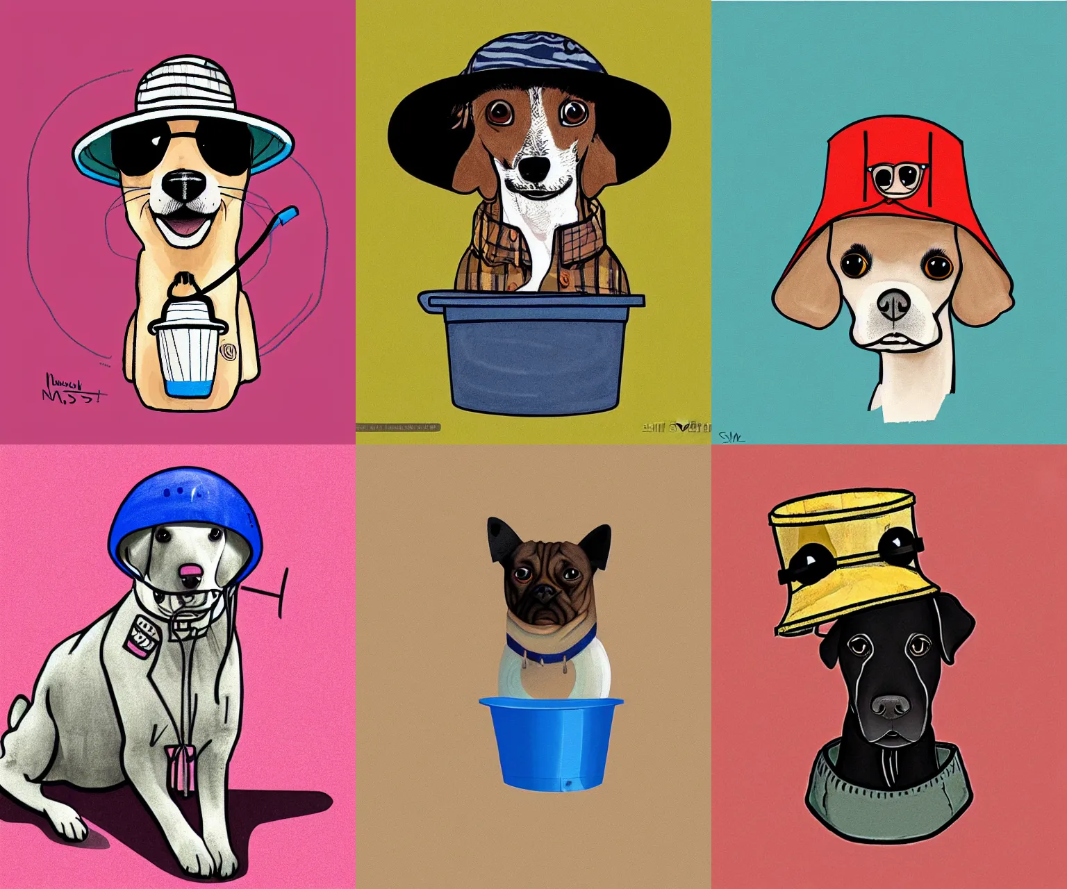 Prompt: dog wearing a bucket hat, cute illustration by sam nassour