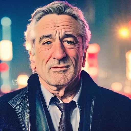 Image similar to a still of Robert De Niro . Shallow depth of field. City at night in background, lights, colors ,studio lighting, mood, 4K. Profession photography