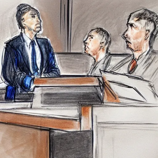 Image similar to a dog in a addressing a jury of mailmen, courtroom sketch