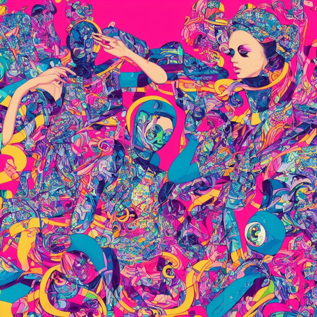 Image similar to futuristic disco, colors and shapes by tristan eaton and james jean, chiho aoshima color scheme