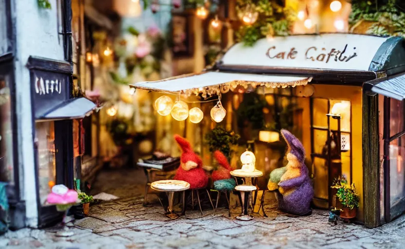 Image similar to miniature cafe diorama macro photography, cafe with felted bunnies, alleyway, ambient, atmospheric, british, cozy, bokeh, romantic, colorful lanterns