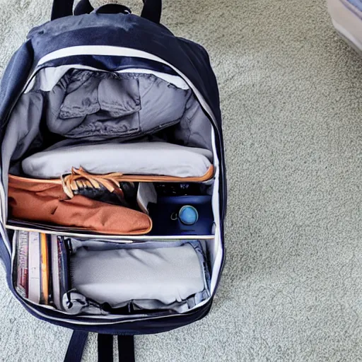 Prompt: photo backpack under a table