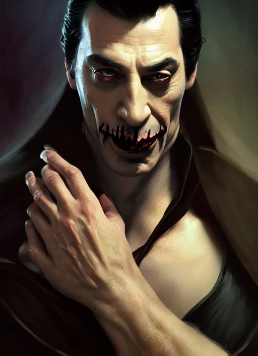 Image similar to Portrait of Javier Bardem as Dracula, D&D, muscular, fantasy, intricate, elegant, highly detailed, digital painting, artstation, concept art, smooth, sharp focus, illustration, art by artgerm and greg rutkowski and alphonse mucha