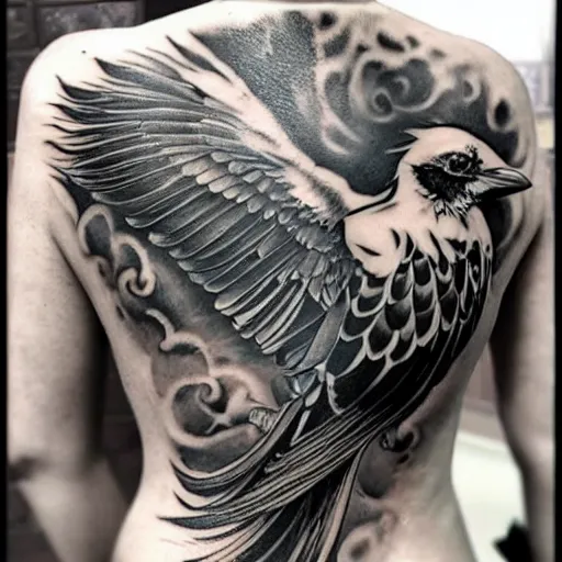 Prompt: back piece tattoo of a magpie flared out, high detail