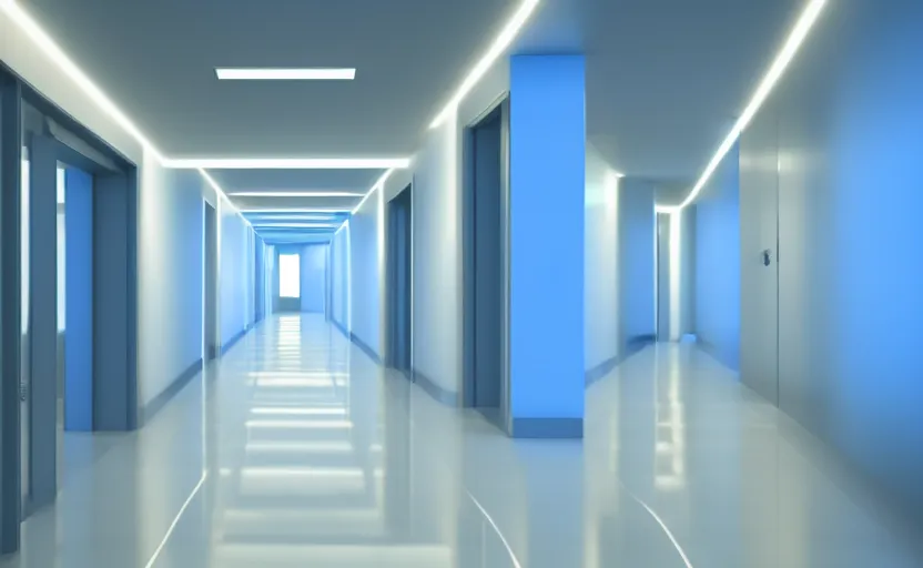 Image similar to an hallway in hospital with soft blue lights in the roof, octane render, artstation trending, highly detailded