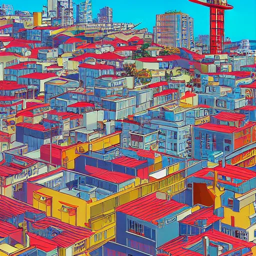 Image similar to wharf, [ red - yellow - blue buildings ], city on mountainside in distance, japanese city, cel - shading, 2 0 0 1 anime, flcl, jet set radio future, the world ends with you, sunshine, cel - shaded, strong shadows, vivid hues, y 2 k aesthetic, art by artgerm