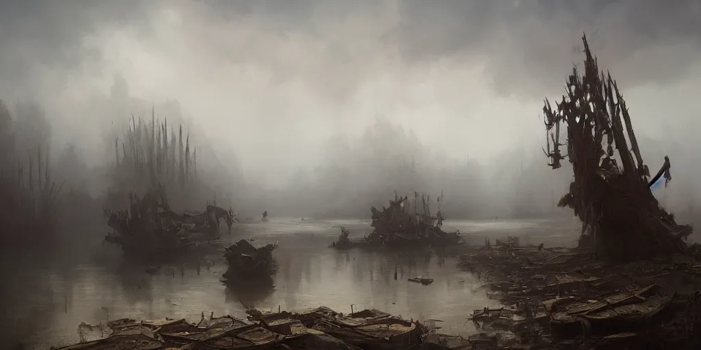 Prompt: masterpiece painting of swamp with wooden ship carcasses, foggy, torchlight, by greg rutkowski and noah bradley, trending on artstation