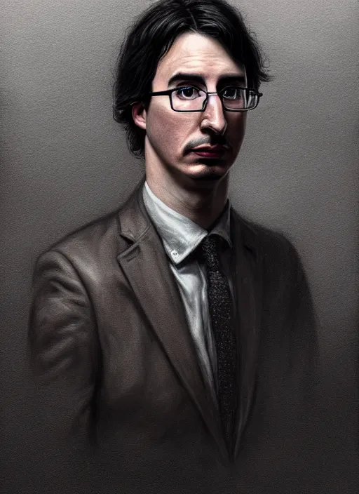 Image similar to a portrait of john oliver standing next to adam driver, stoic, military uniform, fantasy, intricate, beautiful, highly detailed, charcoal, centered, dark, smokey, digital painting, artstation, concept art, smooth, sharp focus, illustration, art by greg rutkowski