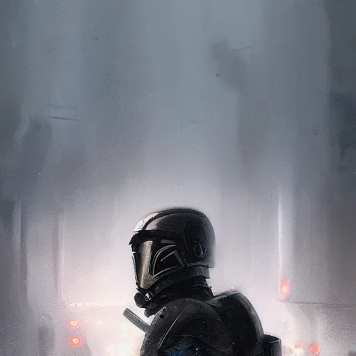 Image similar to A portrait of an android, battle worn, night, rain, techwear, Sith, Star Wars art, art by greg rutkowski, matte painting, trending on artstation