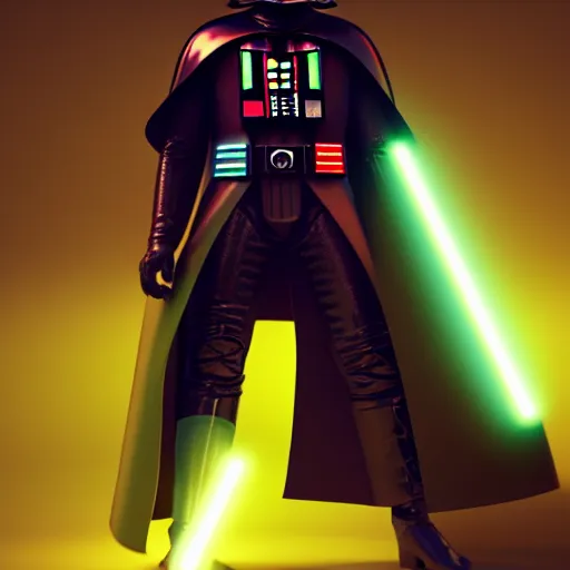 Image similar to candypunk darth vader, character design, high quality digital art, render, octane, redshift, volumetric lighting, oled