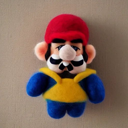 Prompt: a needle felted wario, needle felting art.