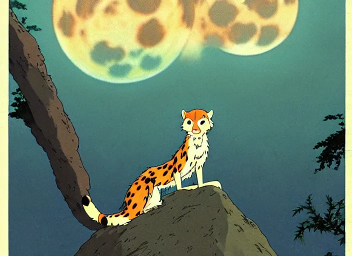 Image similar to a still from a studio ghibli movie of a cartoon cheetah from princess mononoke ( 1 9 9 7 ), in front of a pale full moon, full body, wide shot, very dull muted colors, studio ghibli, highly detailed, deviantart, art by artgem