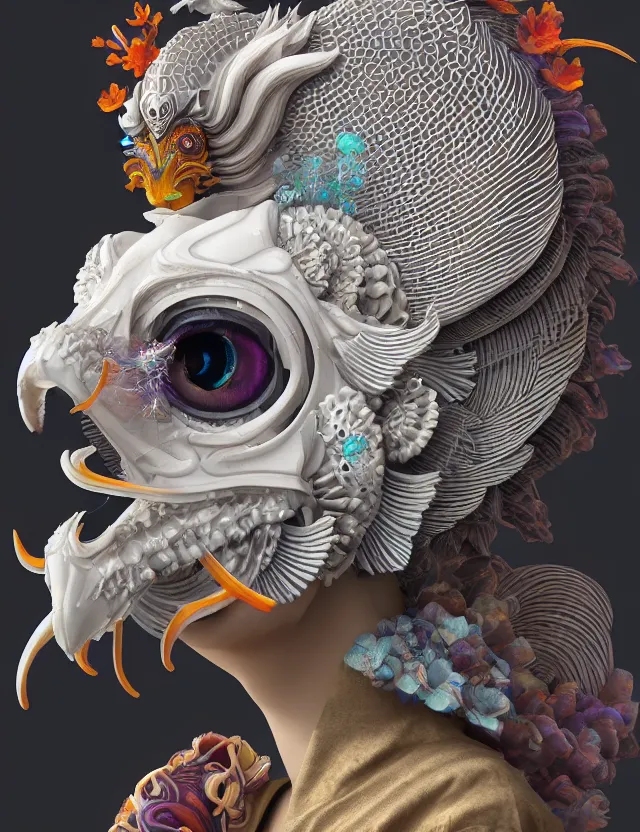 Image similar to 3 d goddess close - up profile solarpunk portrait ram skull. beautiful intricately detailed japanese crow kitsune mask and clasical japanese kimono. betta fish, jellyfish phoenix, bio luminescent, plasma, ice, water, wind, creature, artwork by tooth wu and wlop and beeple and greg rutkowski