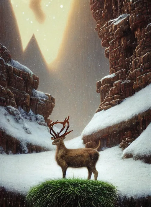 Prompt: A small reindeer sitting on a green throne in the middle of Egypt in the snow, desaturated, Tim Hildebrandt, Wayne Barlowe, Bruce Pennington, donato giancola, larry elmore, oil on canvas, masterpiece, trending on artstation, featured on pixiv, cinematic composition, dramatic pose, beautiful lighting, sharp, details, hyper-detailed, HD, HDR, 4K, 8K