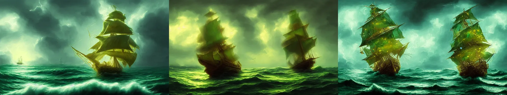 Prompt: gold galleon ship, green sea, storm. bloom, lighting. fantasy, digital painting, hd, 4 k, detailed, vibrant