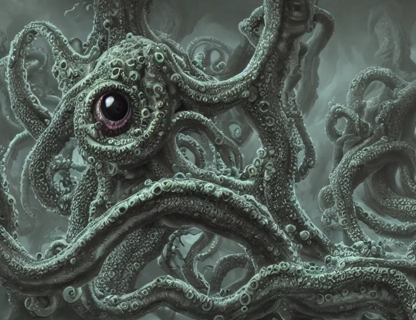 Prompt: shoggoth, eldritch horror, tentacles, gaping maw, multiple eyeballs, ultra detailed 8k render, horror art