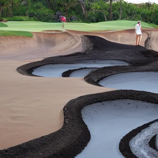 Image similar to golf cart obstacle course with sand traps, flowing water, lava, giant spiders. directed by steven spielberg. cinematic