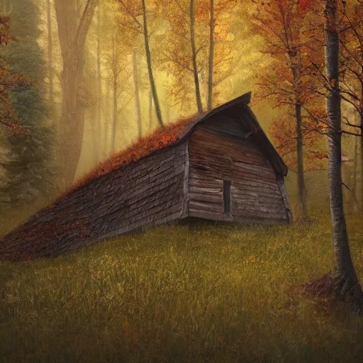 Image similar to an old broken hut in an autumn forest, huge tall mushrooms around it, green and brown tones, by Aron Wiesenfeld and beksincki, cinematic, detailed illustration, nature, fog, dark colors, suspense, intricate, 8k