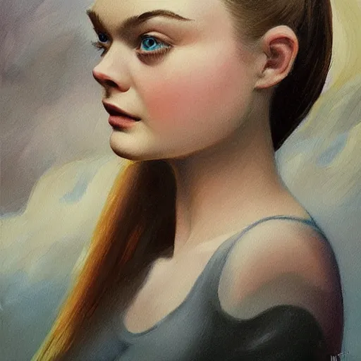 Image similar to professional painting of Elle Fanning in the style of Frank Frazetta, head and shoulders portrait, symmetrical facial features, smooth, sharp focus, illustration, intricate, stormy weather, extremely detailed masterpiece,