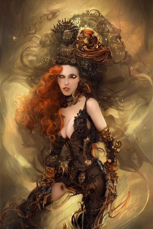 Prompt: three-quarters pose portrait of sensual Lady Mechanika, very beautiful young woman, ginger wavy hair, Intricate, steampunk imagery themed, D&D!, fantasy style, sharp focus!, ultra detailed, art by Artgerm and Peter Andrew Jones, WLUP
