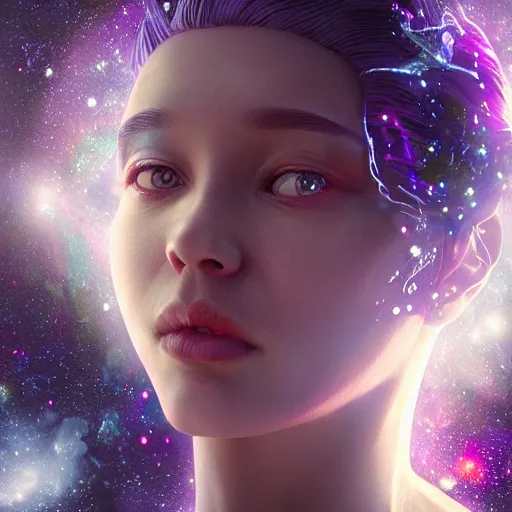 Image similar to portrait of a magical fairy made of galaxies, highly detailed, realistic, octane render, comic book art, space travel, unreal engine, sharp focus