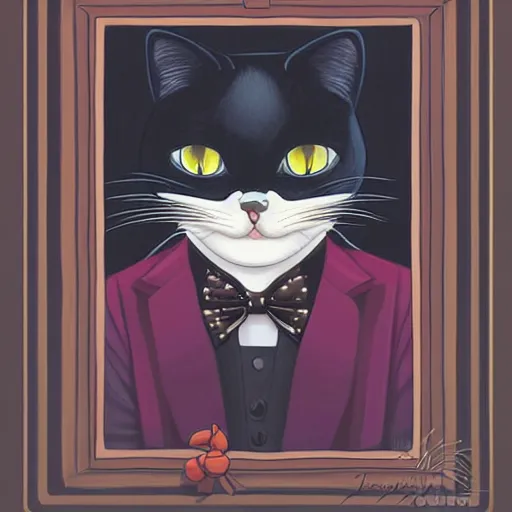 Image similar to portrait illustration of funny cat in the tuxedo by jeremiah ketner, quint buchholz, wlop, dan mumford