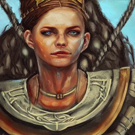 Image similar to a viking goddess who goes to war to recover her throne, in an oil painting style