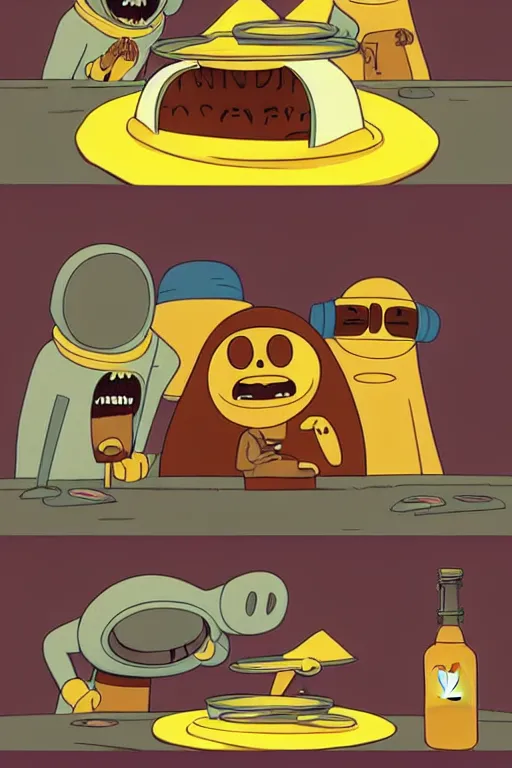 Prompt: mf doom making pancakes in style of adventure time, animation pixar style, by ( ( ( pendleton ward ) ) ), magali villeneuve, artgerm, rob rey and kentaro miura style, golden ratio, trending on art station