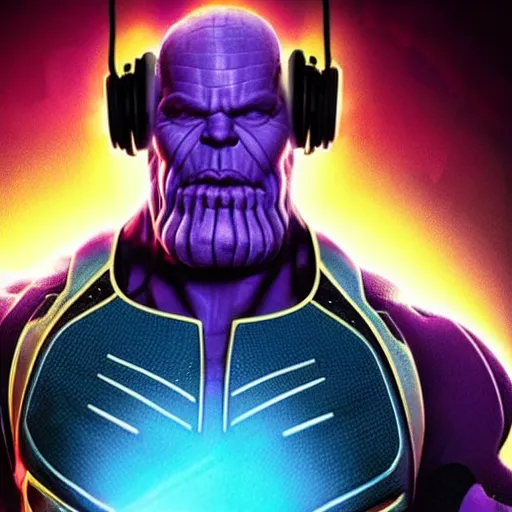 Prompt: thanos is a dj at a cyberpunk rave, he's wearing headphones and telling you to hold on a sec, holding 1 finger out to signify : wait a minute