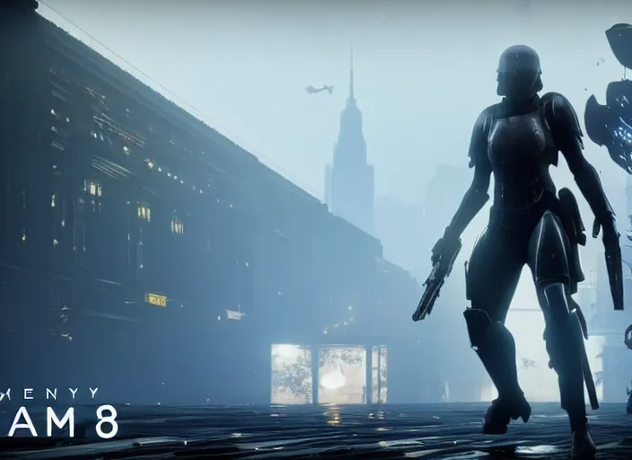 Image similar to 4k 60fps in-game Destiny 2 gameplay showcase, dark, misty, foggy, flooded, rainy manhattan street in Destiny 2, liminal, dark, dystopian, large creatures in distance, abandoned, highly detailed