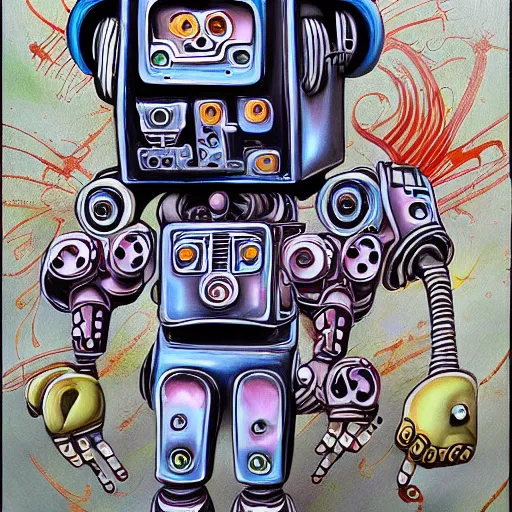 Image similar to robot gods, airbrush painting by in googy style, illustration, intricate detail, award winning work,