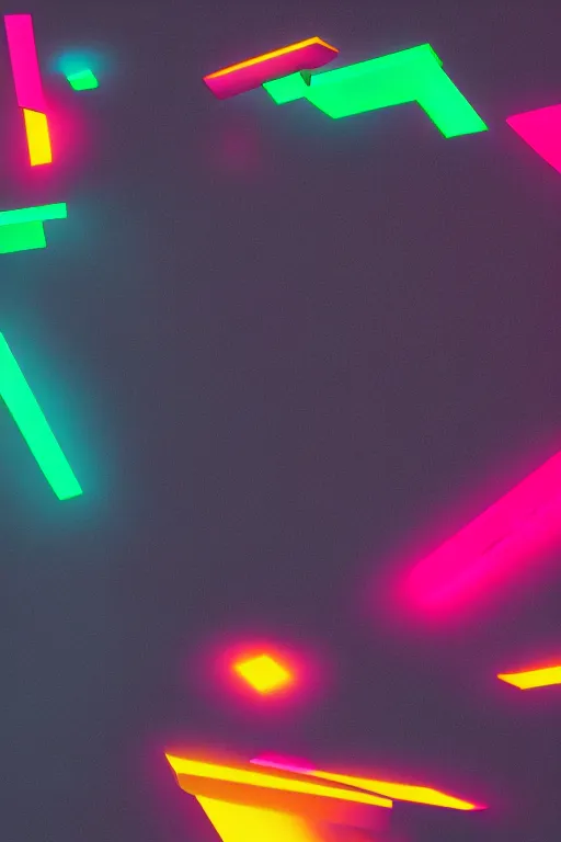 Image similar to very dark image of neon colored abstract 3 d shapes floating in a matte ultra black background, blender maya unreal engine, octane render vray,