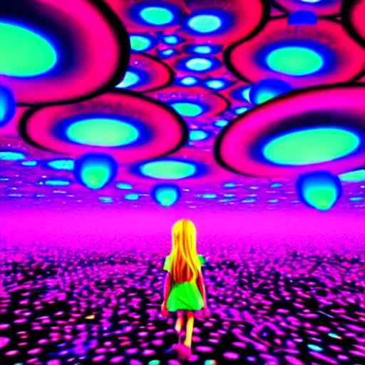 Image similar to Little girl wandering among many giant glowing mushrooms, Neon colors, psychedelic art, trippy, 4k, HQ, Trending on Artstation