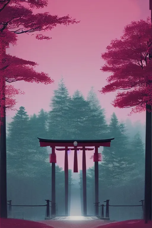 Image similar to Japanese Torii in the center of the picture , torii in a moutain with trees ,night , by Grzegorz Rutkowski, concept art, pink scheme,horizontal symmetry