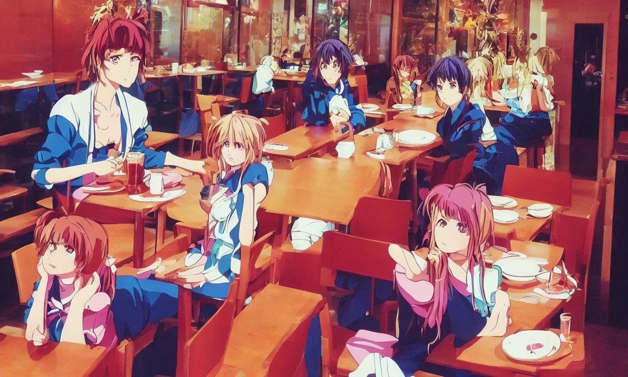 Prompt: 8 0 s anime girl sitting in thai restaurant nice aesthetic