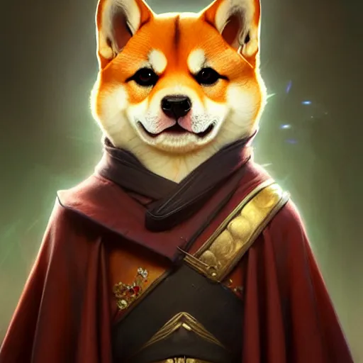 Image similar to portrait painting of a cute shiba inu bard with cape, ultra realistic, concept art, intricate details, eerie, highly detailed, photorealistic, octane render, 8 k, unreal engine. art by artgerm and greg rutkowski and charlie bowater and magali villeneuve and alphonse mucha