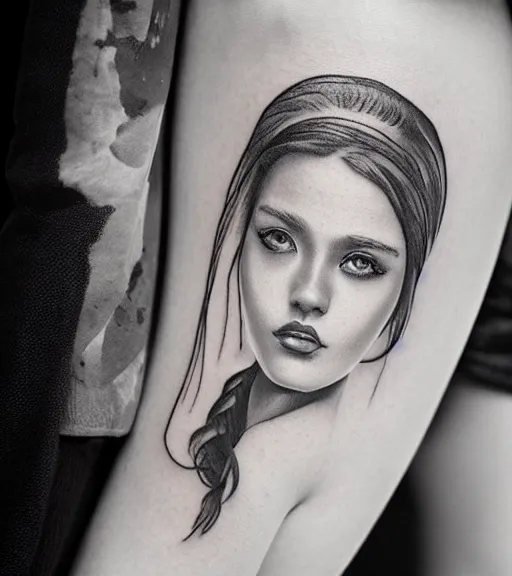 Image similar to a beautiful girl portrait at amazing nature and mountains, realism tattoo design, in the style of den yakovlev, black and white, hyper realistic, highly detailed